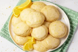 Cookies moelleux au citron avec glaçage sur une assiette blanche