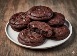 Cookies double chocolat moelleux sur assiette blanche avec pépites de chocolat fondantes