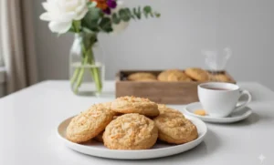 Deux cookies noix de coco moelleux et dorés sur une assiette blanche avec des fleurs en arrière-plan