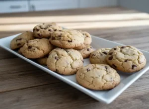 Cookies au thermomix dorés et moelleux avec pépites de chocolat fondant disposés sur une assiette blanche