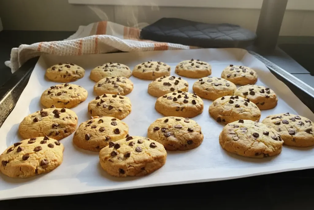 Cookies au thermomix fraîchement sortis du four, dorés et encore chauds sur leur plaque de cuisson
