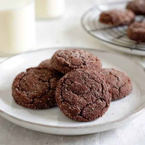 Cookies tout chocolat moelleux disposés sur une assiette blanche avec un verre de lait