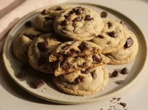 Cookies vegan au chocolat moelleux empilés sur une assiette beige avec texture intérieure visible