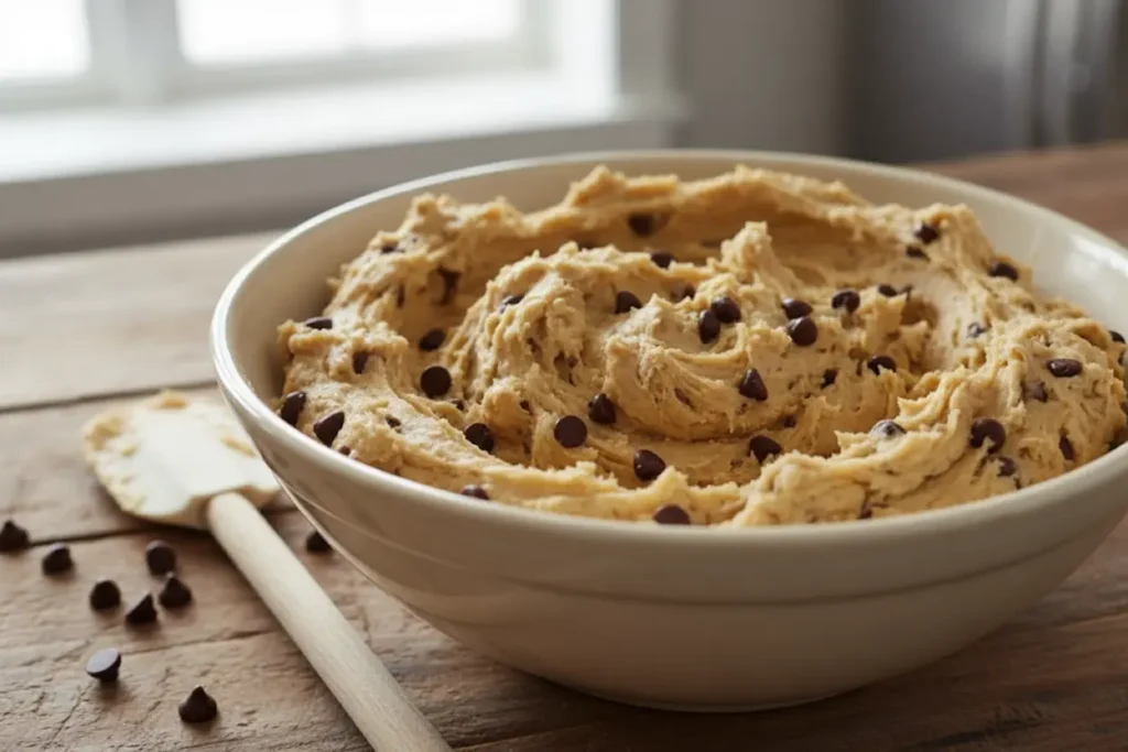Pâte à cookies sans œuf avec pépites de chocolat dans un bol, texture collante et homogène