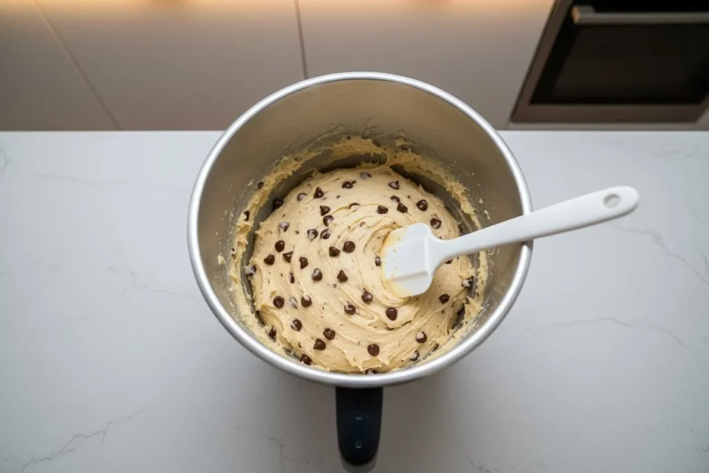 Pâte à cookies prête dans le bol du thermomix avec pépites de chocolat visibles et spatule