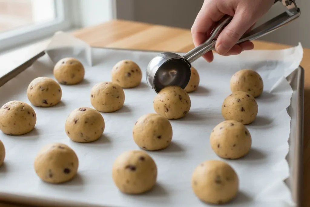 Main utilisant une cuillère à glace pour former des boules de pâte à cookies sur une plaque de cuisson recouverte de papier sulfurisé