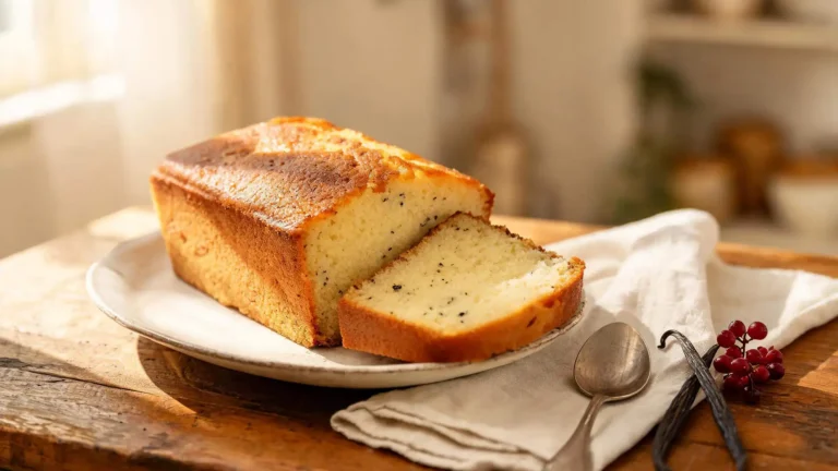 Gâteau de semoule à la vanille démoulé, dessus doré et tranche moelleuse