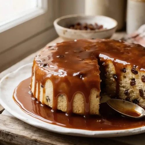 Gâteau de semoule au caramel et raisins secs démoulé, nappé de caramel coulant