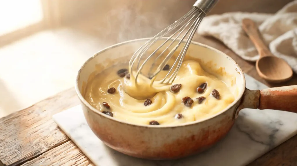 Semoule au lait crémeuse parsemée de raisins, qui nappe une cuillère