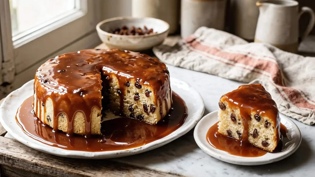 Gâteau de semoule démoulé, sauce caramel coulant et formant une flaque autour