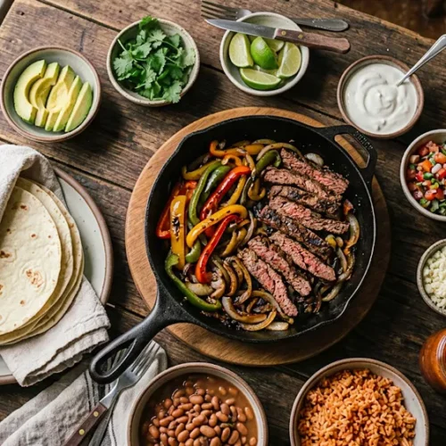 Fajitas de bœuf fumantes servies avec des poivrons colorés et des oignons, prêtes à être dégustées dans des tortillas. Recette fajitas bœuf facile.