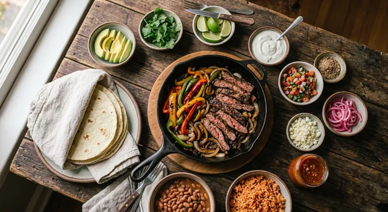 Fajitas de bœuf fumantes servies avec des poivrons colorés et des oignons, prêtes à être dégustées dans des tortillas. Recette fajitas bœuf facile.