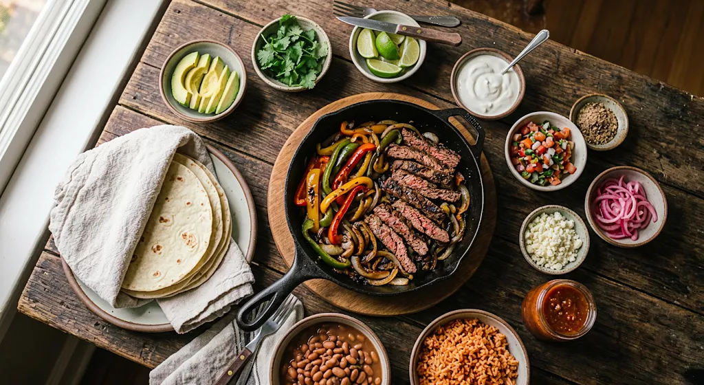 Fajitas de bœuf fumantes servies avec des poivrons colorés et des oignons, prêtes à être dégustées dans des tortillas. Recette fajitas bœuf facile.