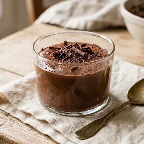 Mousse au chocolat noir aérienne servie en verrine avec des copeaux de chocolat
