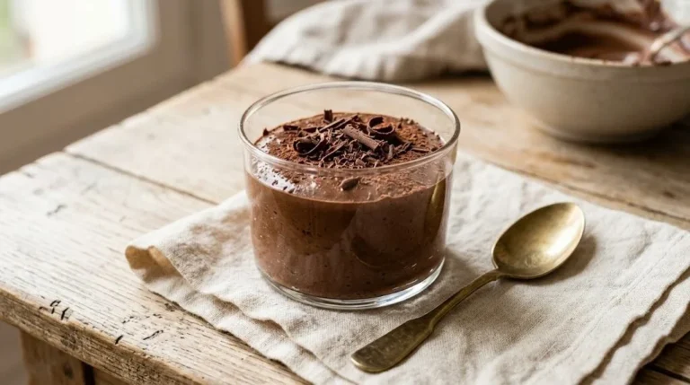 Mousse au chocolat noir aérienne servie en verrine avec des copeaux de chocolat