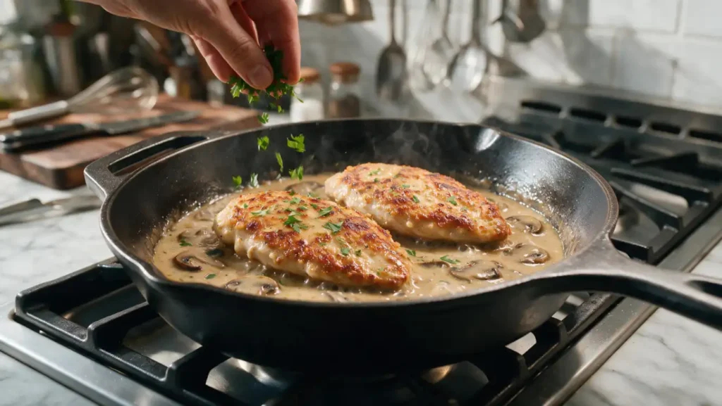 Saupoudrer du persil frais haché sur l'escalope de poulet à la crème avant de servir