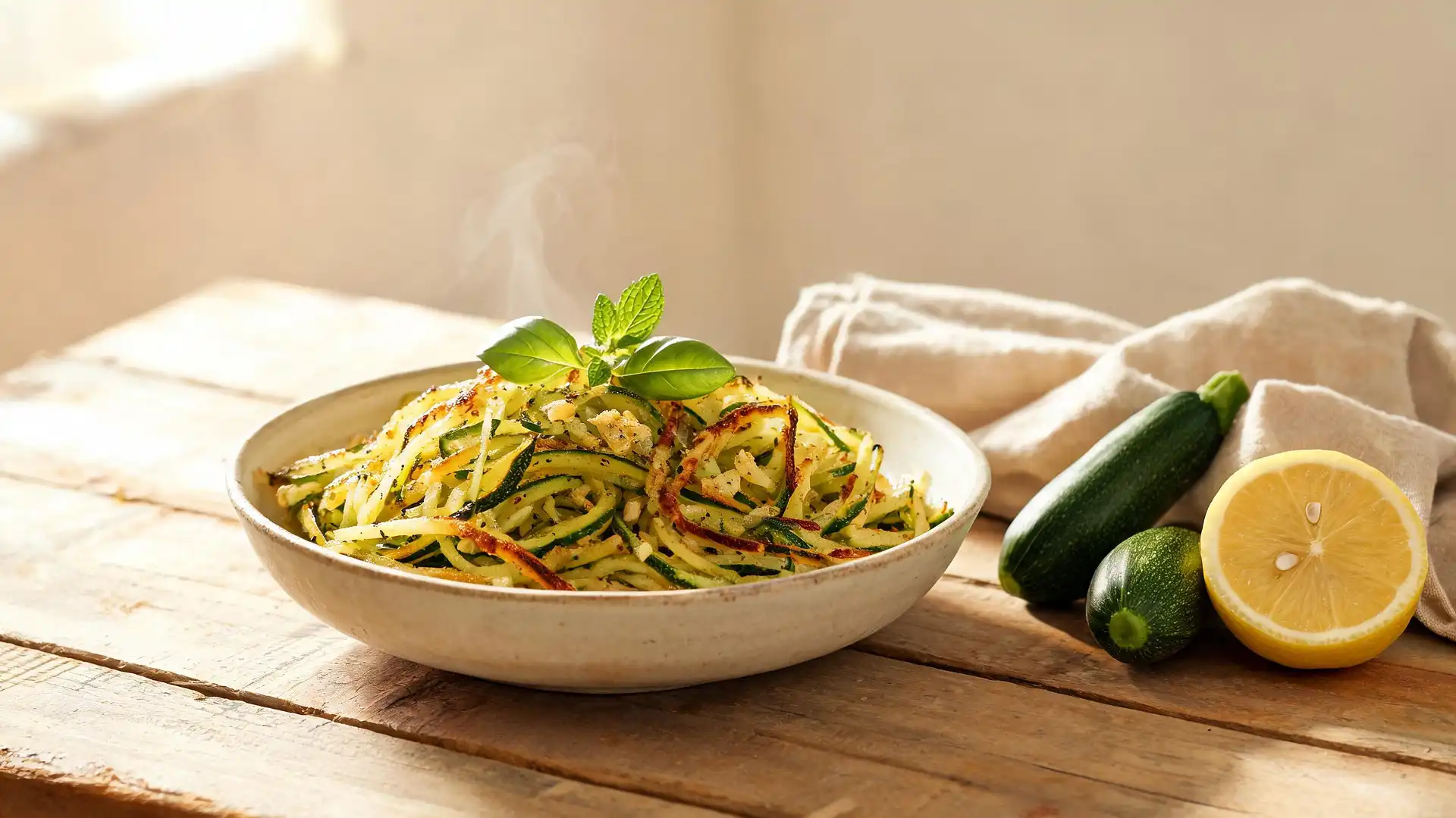 Courgettes râpées à la poêle dorées, à l'ail et aux herbes fraîches, dans un bol rustique