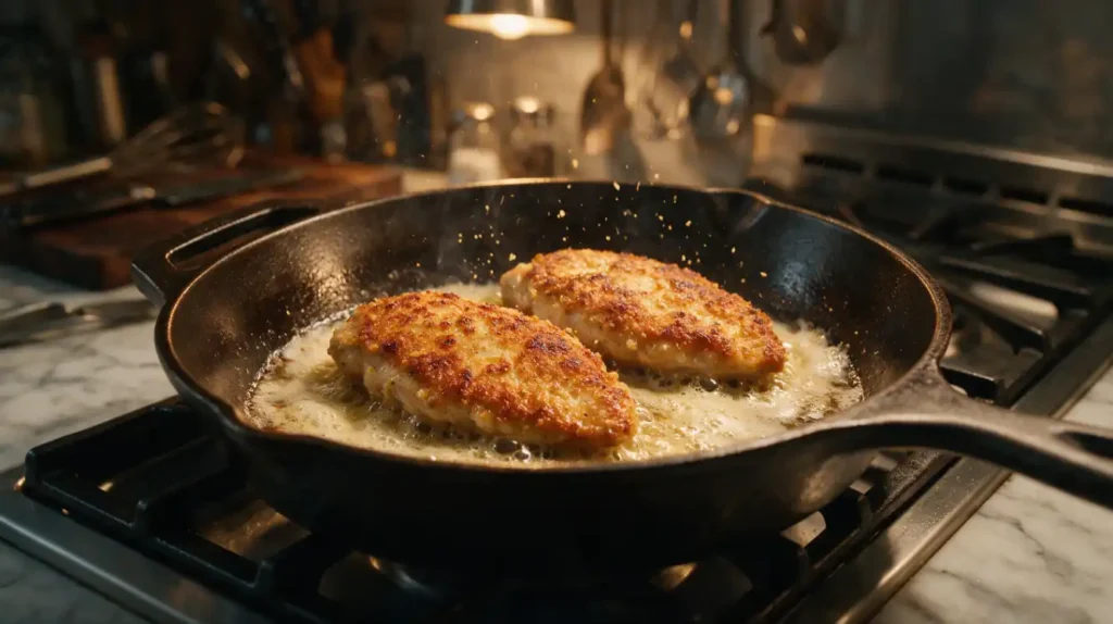 Cuisson d'une escalope de poulet dorée dans une poêle avec du beurre moussant