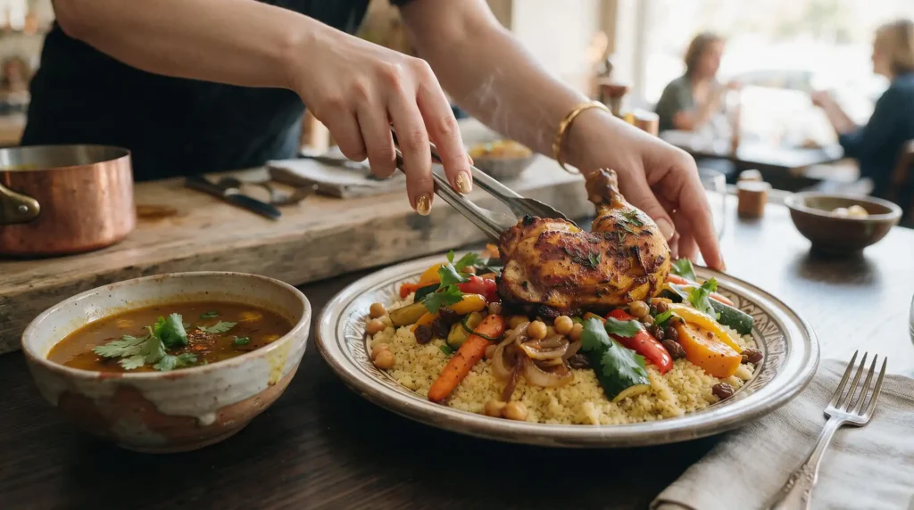 Dressage d'un couscous poulet avec légumes et bouillon servi séparément.
