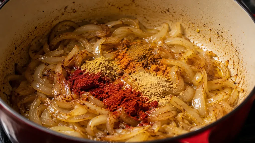Oignons revenus avec les épices pour préparer un bouillon de couscous parfumé.