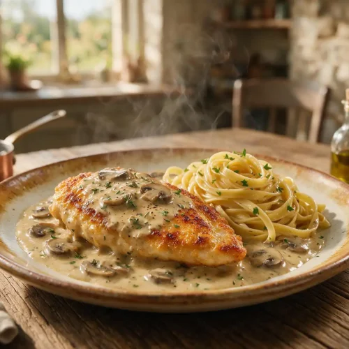 Assiette d'escalope de poulet à la crème et aux champignons de Paris avec des tagliatelles fraîches