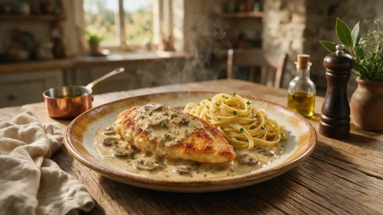 Assiette d'escalope de poulet à la crème et aux champignons de Paris avec des tagliatelles fraîches