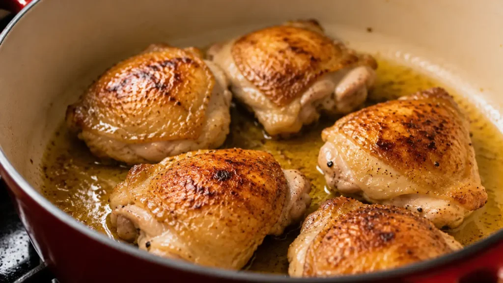 Cuisses de poulet dorées dans une marmite avant la préparation du couscous.