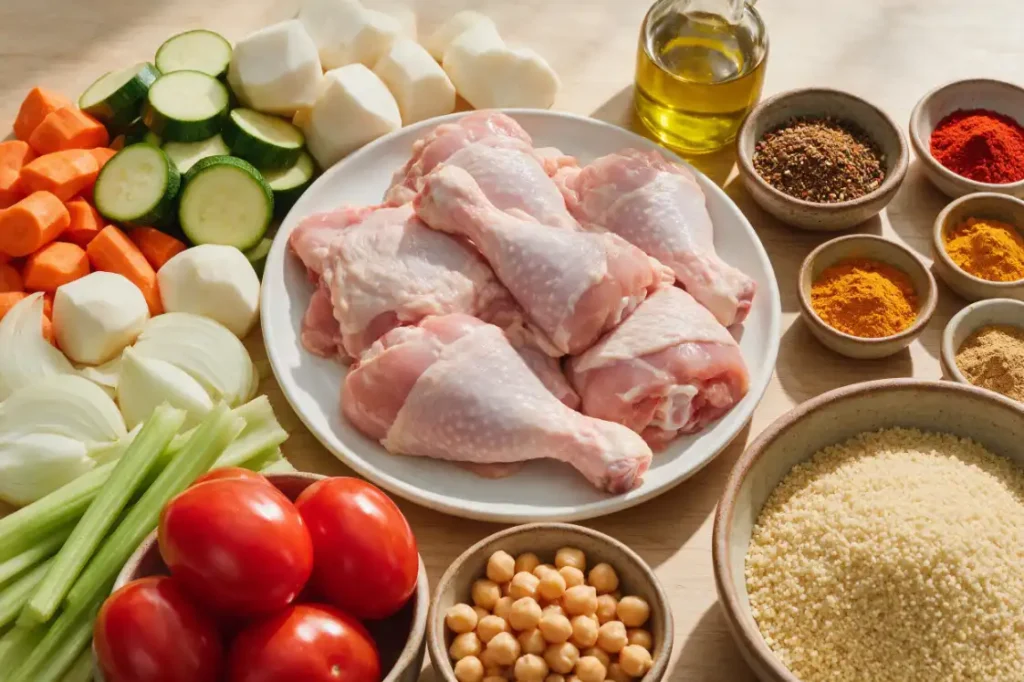 Ingrédients nécessaires pour préparer une recette couscous poulet traditionnelle.