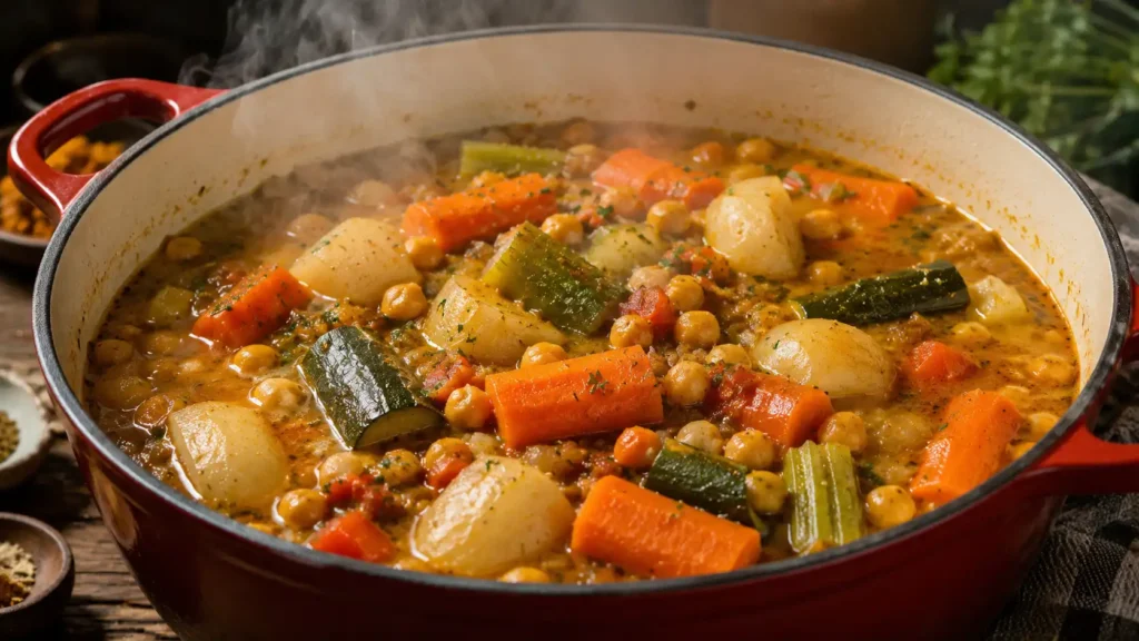 Carottes, navets et courgettes mijotant dans le bouillon du couscous.