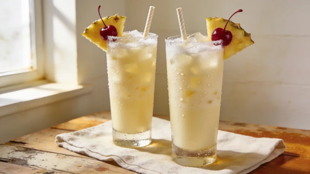 Verres de piña colada sans alcool décorés d'une tranche d'ananas, d'une cerise et d'une paille
