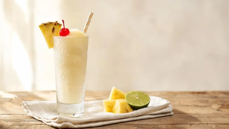 Piña colada sans alcool crémeuse dans un grand verre, tranche d'ananas et cerise