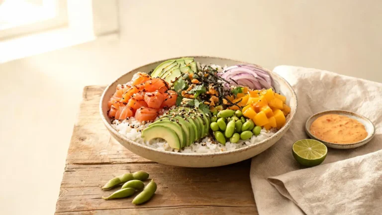 Poke bowl saumon frais et coloré, saumon cru mariné, avocat, mangue et sauce soja-sésame, dans un bol rustique