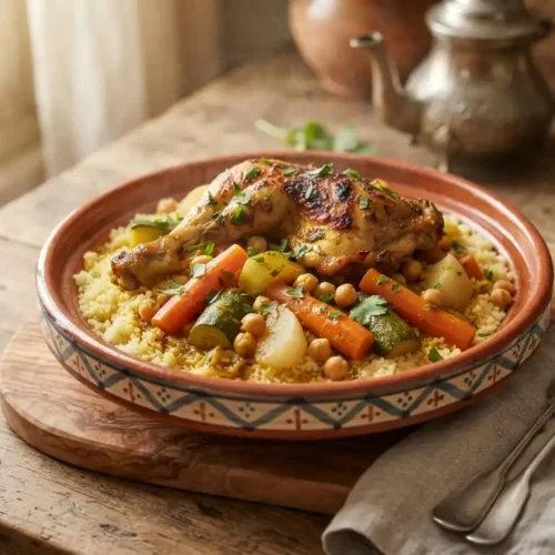 Recette couscous poulet traditionnel avec légumes fondants, semoule légère et bouillon parfumé.