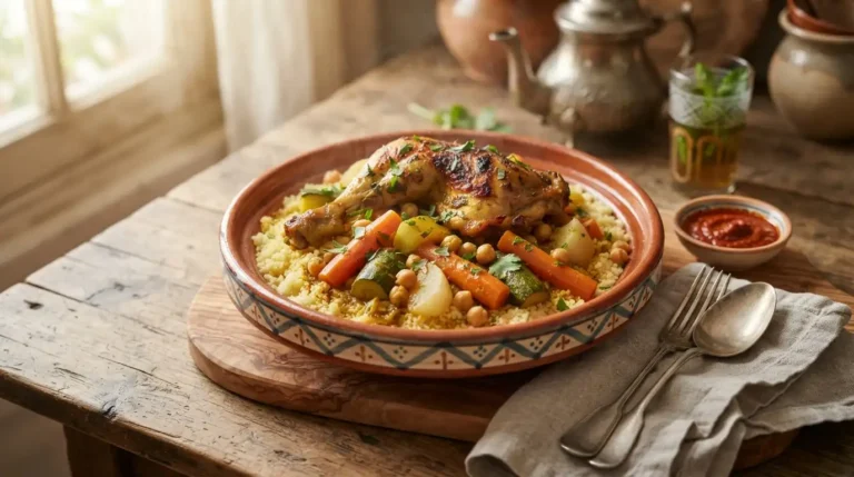 Recette couscous poulet traditionnel avec légumes fondants, semoule légère et bouillon parfumé.