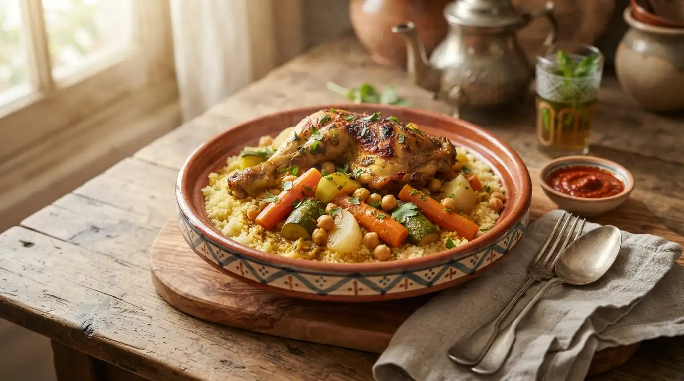 Recette couscous poulet traditionnel avec légumes fondants, semoule légère et bouillon parfumé.
