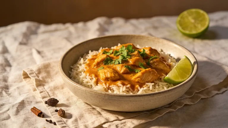 Recette poulet curry coco onctueuse servie sur riz basmati, sauce dorée et coriandre fraîche