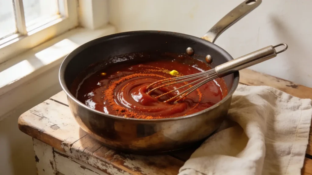 Sauce barbecue qui mijote à petits bouillons à feu doux, surface brillante couleur acajou