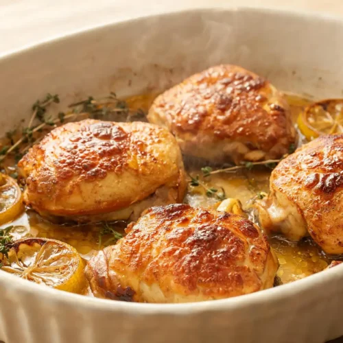 cuisse de poulet au four à la peau dorée et croustillante dans un plat