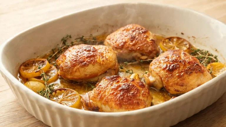 cuisse de poulet au four à la peau dorée et croustillante dans un plat