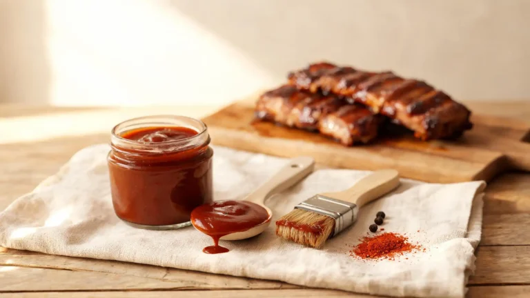 Sauce barbecue maison brillante et fumée qui nappe une cuillère, servie dans un petit bocal sur une planche en bois