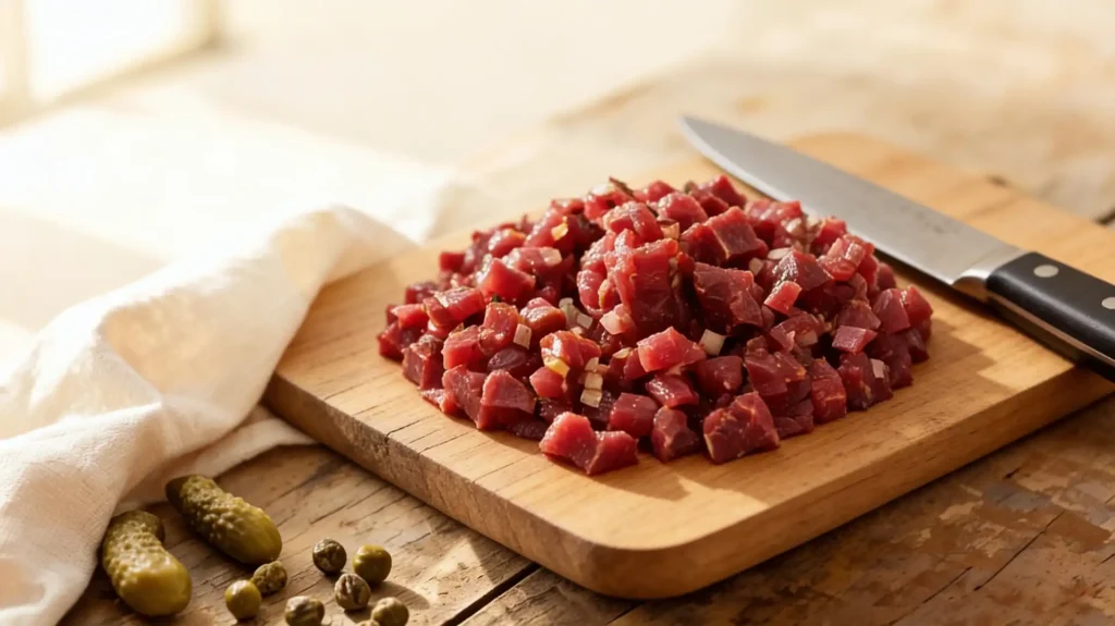 Bœuf haché au couteau en petits dés réguliers sur une planche