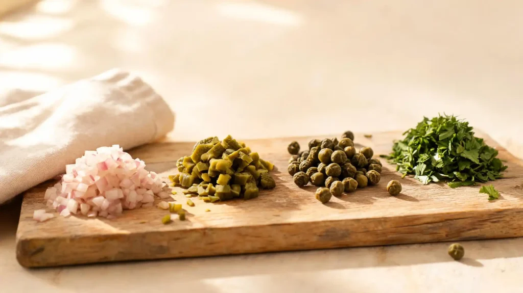 Échalotes, cornichons, câpres et persil finement hachés en petits tas