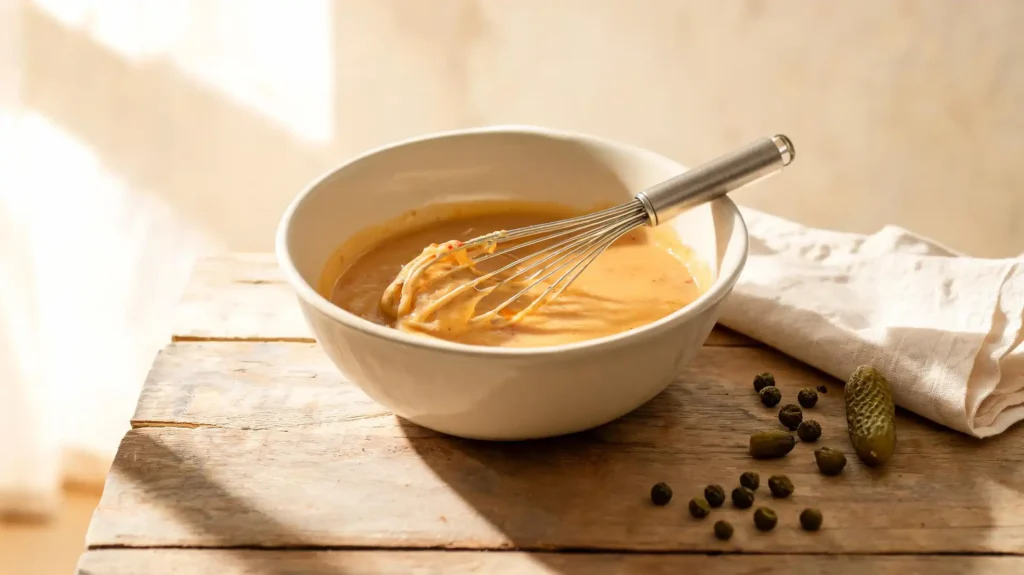 Sauce du tartare fouettée dans un bol : jaunes d'œufs, moutarde et Worcestershire