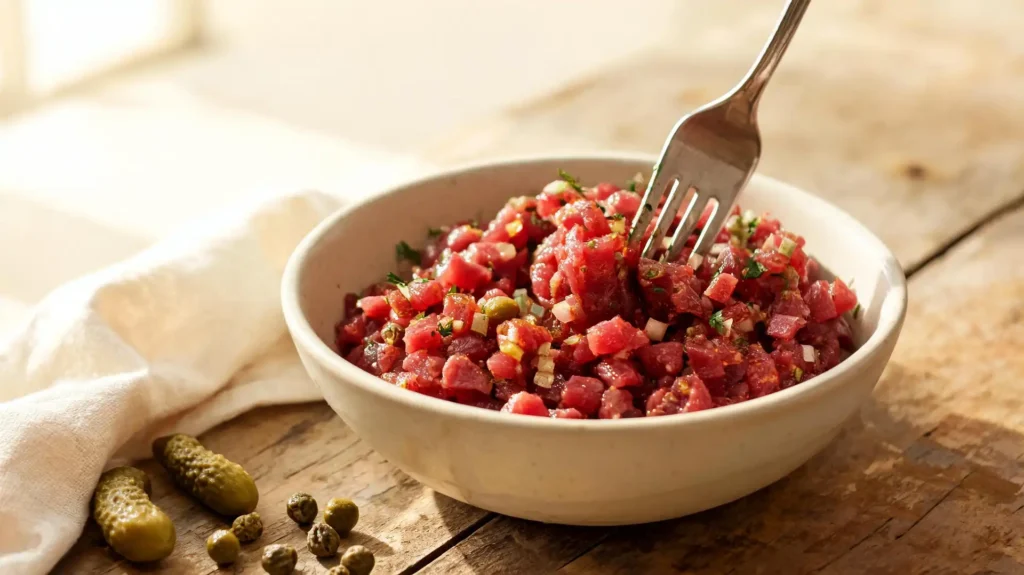 Tartare de bœuf mélangé à la fourchette, viande souple et brillante dans un saladier