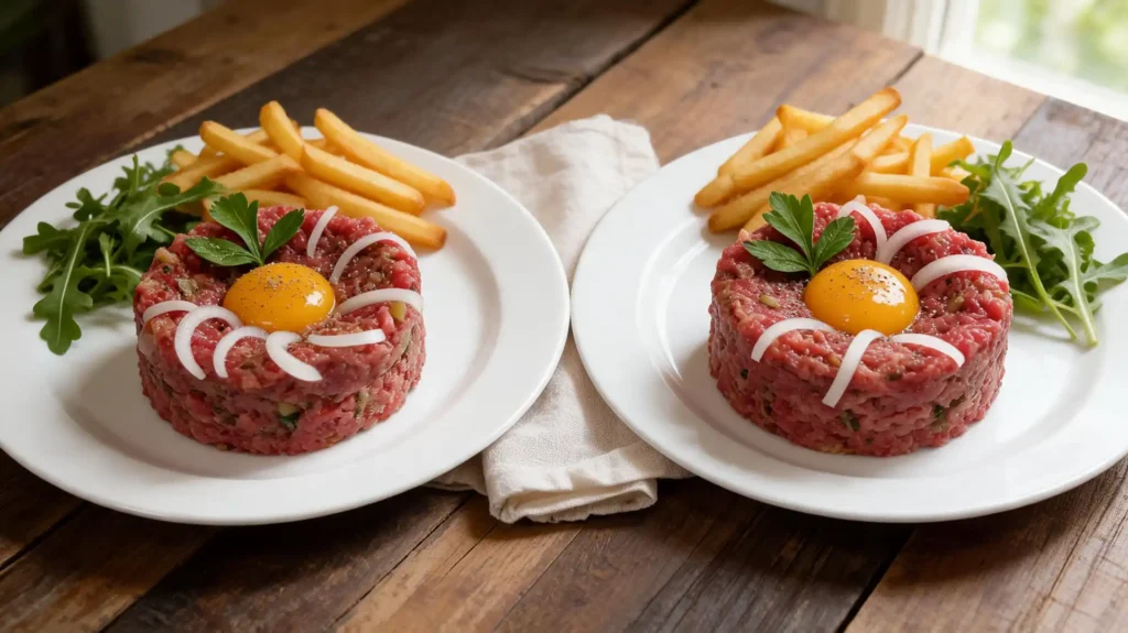 Assiette de tartare de bœuf dressée en dôme, garnie et servie avec des frites