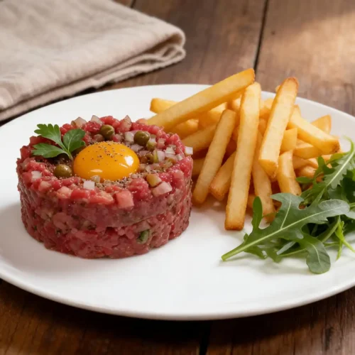 Tartare de bœuf maison en dôme, haché au couteau, garni de câpres et servi avec des frites