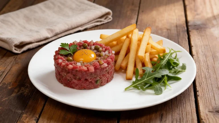 Tartare de bœuf maison en dôme, haché au couteau, garni de câpres et servi avec des frites